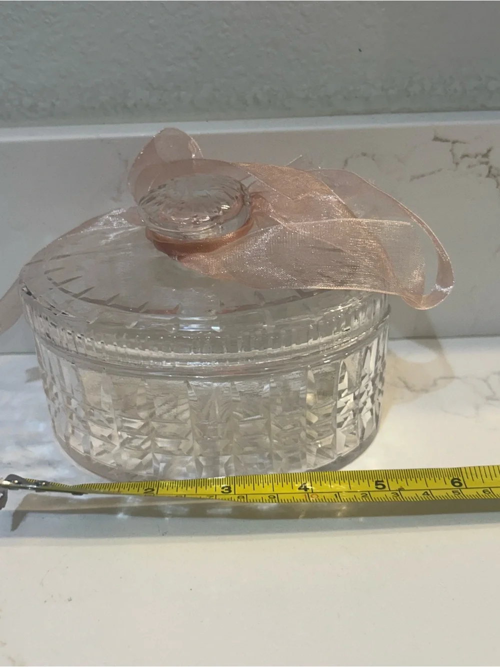 Crystal Glass Trinket Lidded Box intricate faceted panels with Pale Pink Ribbon